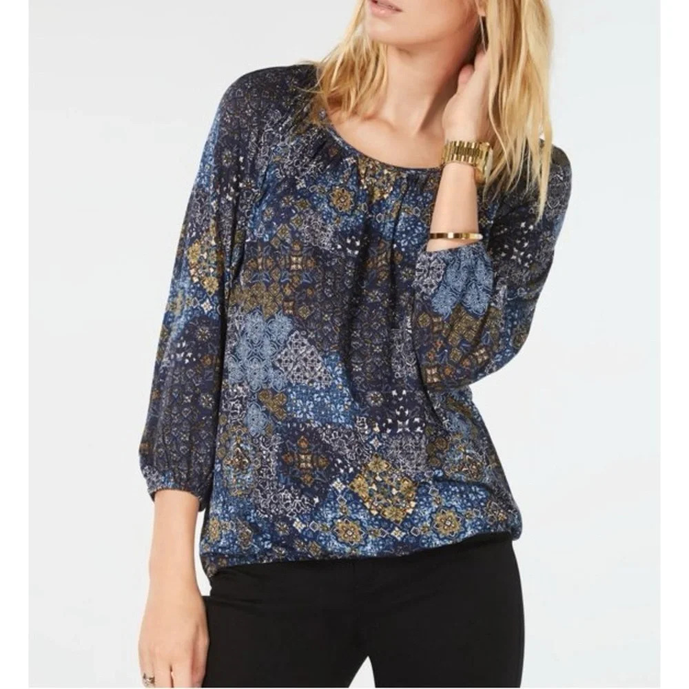 MICHAEL KORS Womens Blue Paisley 3/4 Sleeve Scoop Neck Top medium